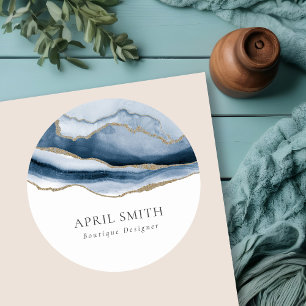 Elegant Abstract Navy Blue Agate Gold Watercolor Classic Round Sticker