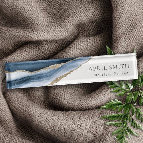 Elegant Abstract Navy Blue Agate Gold Watercolor Desk Name Plate