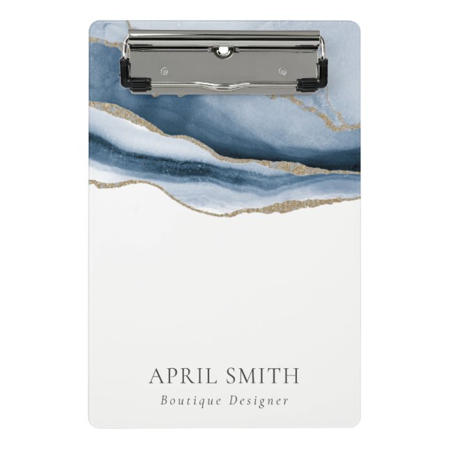 Elegant Abstract Navy Blue Agate Gold Watercolor Mini Clipboard (Front)