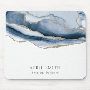 Elegant Abstract Navy Blue Agate Gold Watercolor Mouse Pad