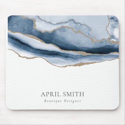 Elegant Abstract Navy Blue Agate Gold Watercolor Mouse Pad