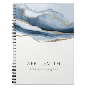 Elegant Abstract Navy Blue Agate Gold Watercolor Notebook