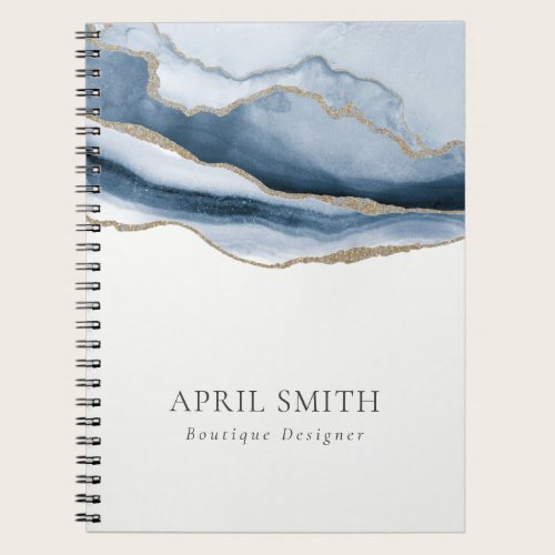 Elegant Abstract Navy Blue Agate Gold Watercolor Notebook