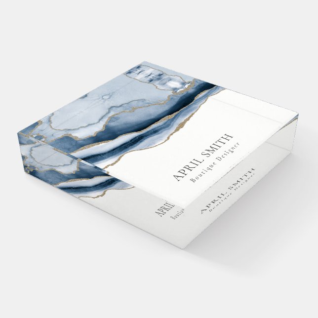 Elegant Abstract Navy Blue Agate Gold Watercolor Paperweight (Angled)