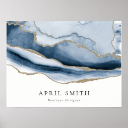 Elegant Abstract Navy Blue Agate Gold Watercolor Poster