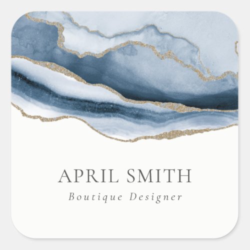 Elegant Abstract Navy Blue Agate Gold Watercolor Square Sticker