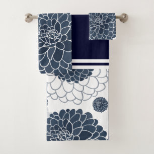 Elegant abstract navy blue dahlia florals bath towel set