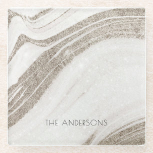 Elegant Abstract Pale Gold Marble Agate Glass Coaster