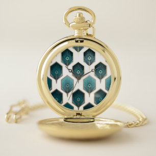 Elegant Abstract Peacock Feather Geometric Pocket Watch