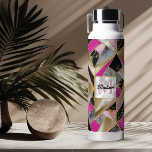 Elegant abstract pink black geometric water bottle