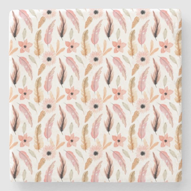 Elegant Abstract Pink Floral Watercolor Pattern Stone Coaster (Front)