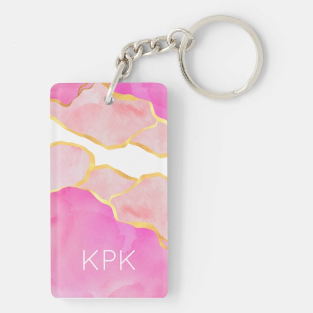 Elegant Abstract Pink Gold White Modern INITIALS Keychain (Back)