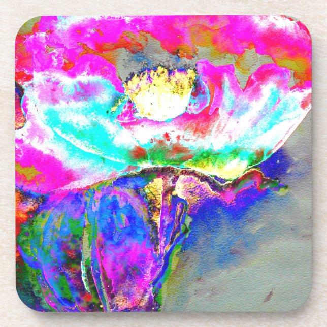 Elegant abstract pink retro floral poppy coaster (Front)