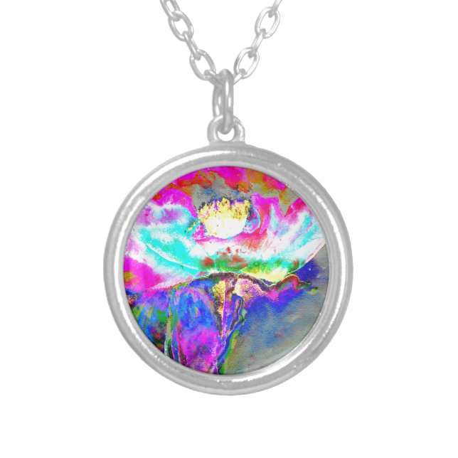 Elegant abstract pink teal floral painting silver plated necklace (Front)