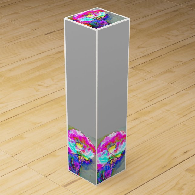 Elegant abstract pink teal floral painting wine gift box (Front)