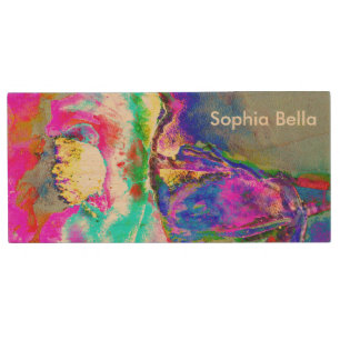 Elegant abstract pink teal floral painting wood USB flash drive