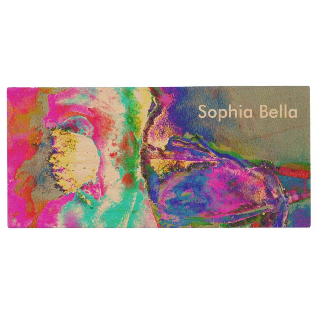 Elegant abstract pink teal floral painting wood USB flash drive (Front)