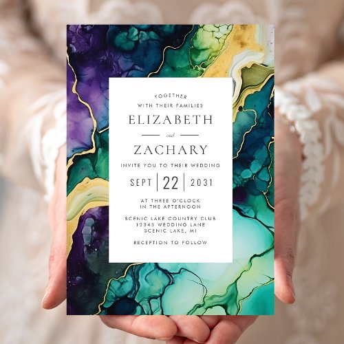 Elegant Abstract Plum Green Gold Wedding Invitation