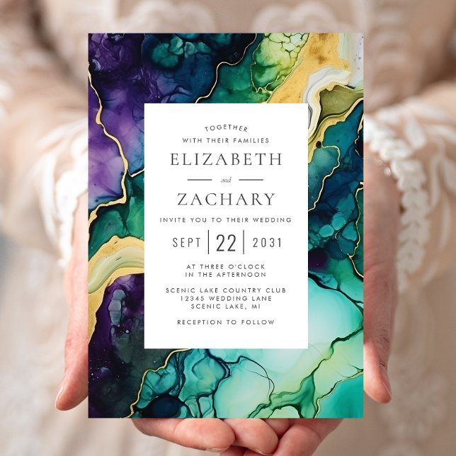 Elegant Abstract Plum Green Gold Wedding Invitation (Creator Uploaded)
