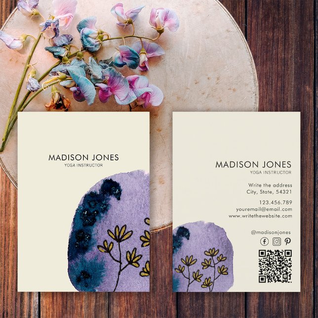 Elegant Abstract Purple Blue Watercolor Flowers  Business Card (Front and Back)