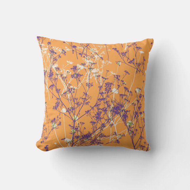Elegant Abstract Purple Wildflowers on Orange Throw Pillow (Front)