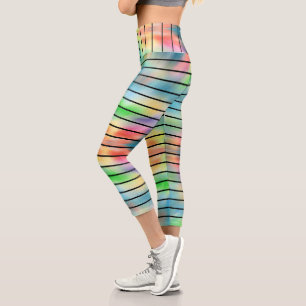 Elegant Abstract Rainbow Colors Black Stripes Capri Leggings
