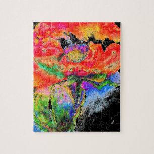 Elegant abstract red floral watercolor black jigsaw puzzle