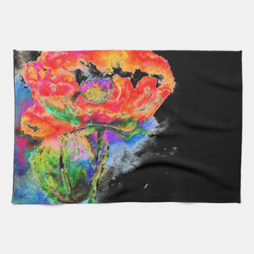 Elegant abstract red floral watercolor black kitchen towel