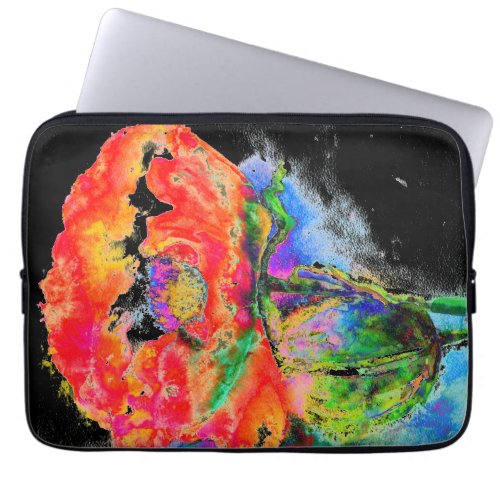 Elegant abstract red floral watercolor black laptop sleeve