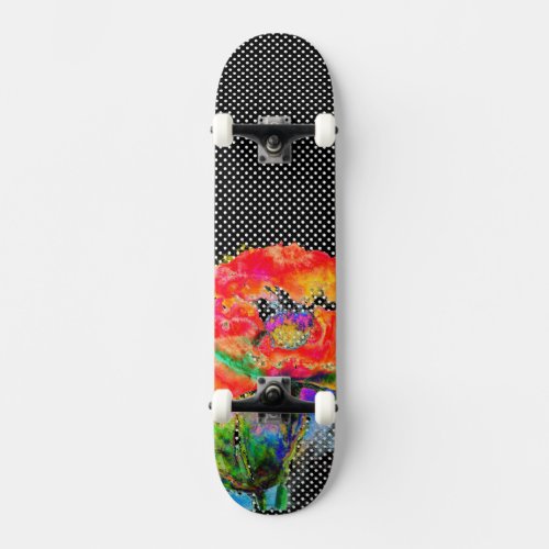Elegant abstract red floral watercolor black skateboard