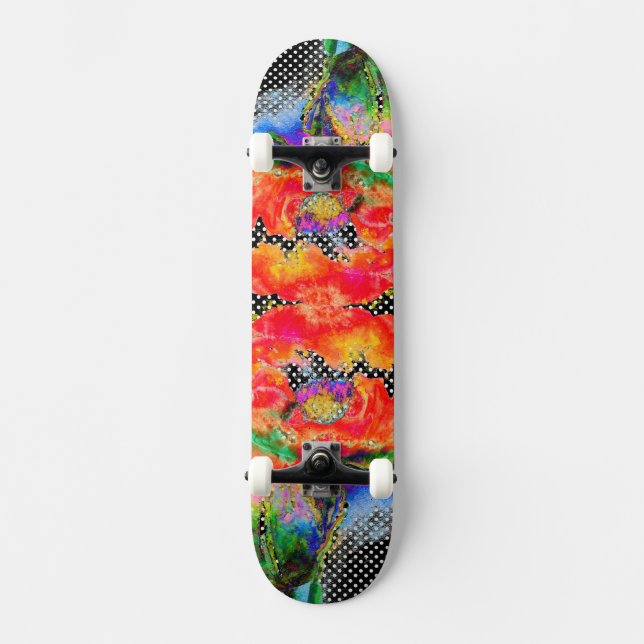 Elegant abstract red floral watercolor black skateboard deck (Front)