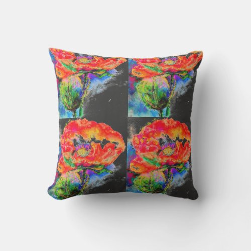 Elegant abstract red floral watercolor black throw pillow