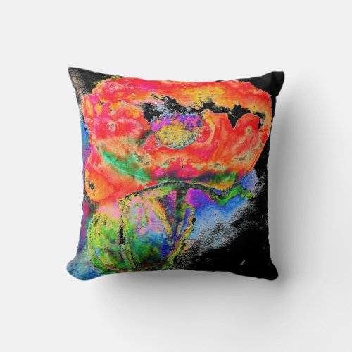 Elegant abstract red floral watercolor black throw pillow