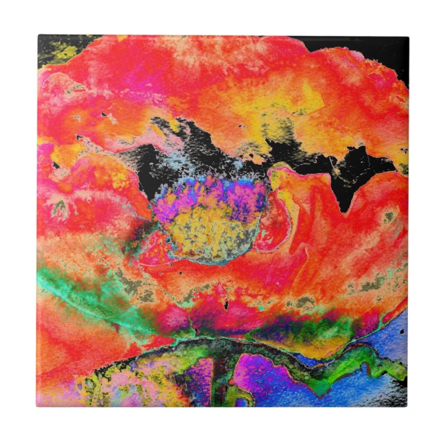 Elegant abstract red floral watercolor black tile (Front)