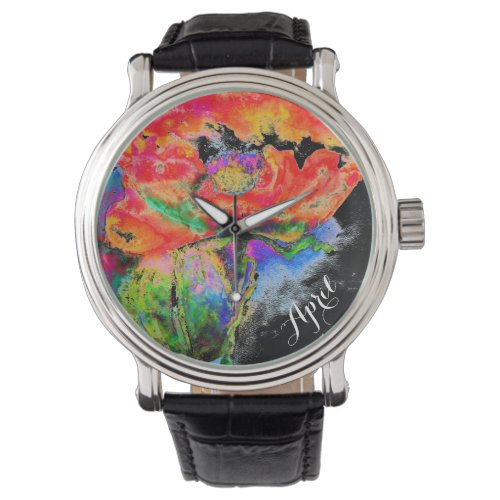 Elegant abstract red floral watercolor black watch