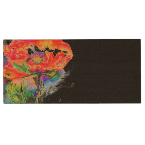 Elegant abstract red floral watercolor black wood USB flash drive