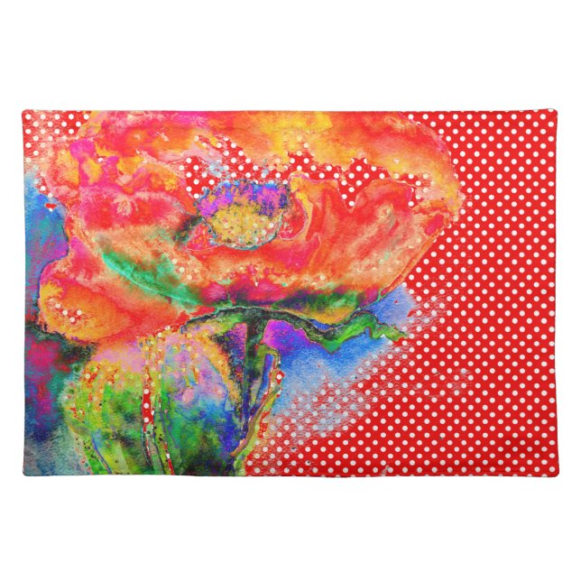 Elegant abstract red floral watercolor polka dot placemat (Front)