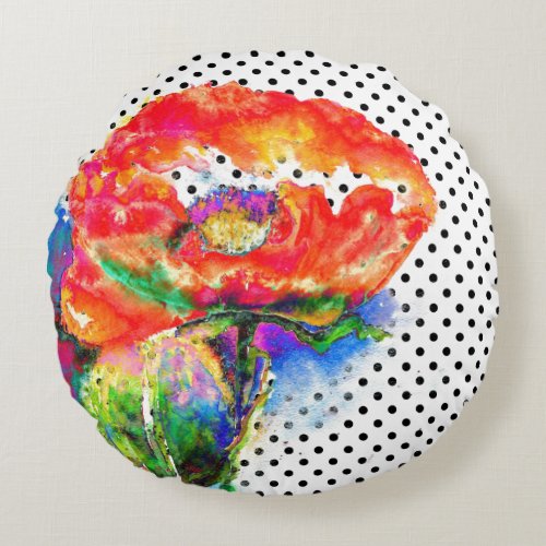 Elegant abstract red floral watercolor polka dot round pillow