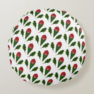 Elegant Abstract Red Roses & Leaves Floral Pattern Round Pillow