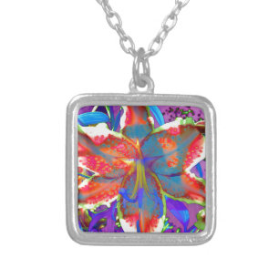 Elegant abstract retro red blue floral watercolor silver plated necklace