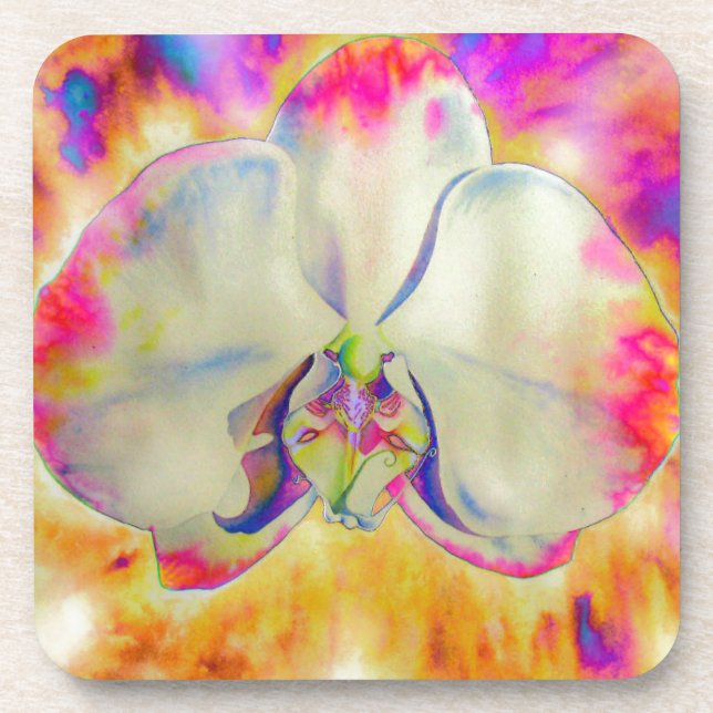 Elegant abstract retro watercolor pink orchid drink coaster (Front)