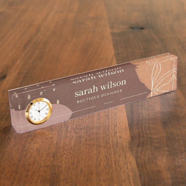 Elegant Abstract Rust Brown Orange Leafy Foliage Desk Name Plate (Side)
