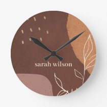 Elegant Abstract Rust Brown Orange Leafy Foliage Round Clock
