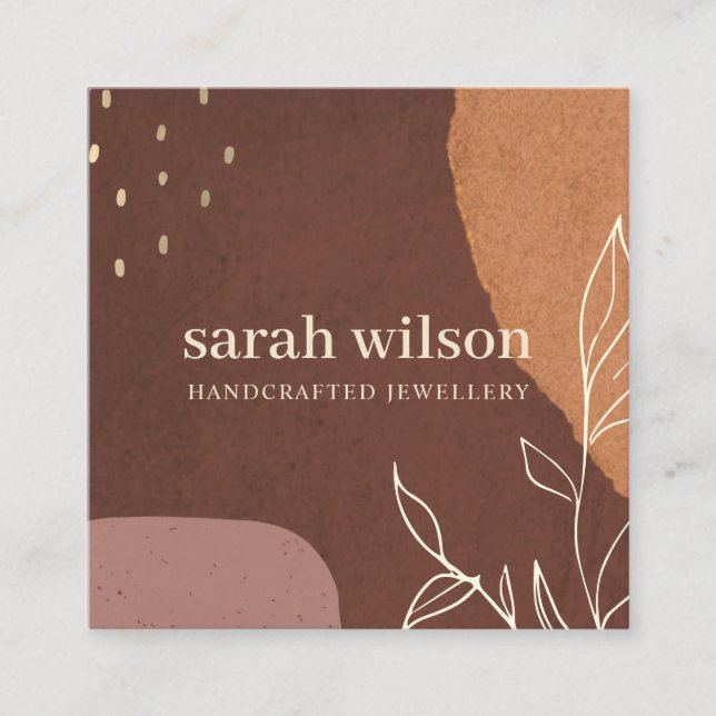 Elegant Abstract Rust Brown Orange Leafy Foliage Square Business Card (Front)