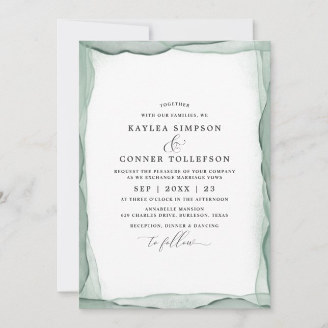 Elegant Abstract Sage Green Wedding Watercolor Invitation (Front)