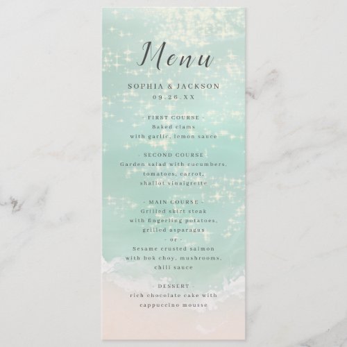 Elegant abstract sparkling ocean beach wedding menu