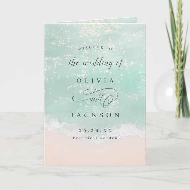Elegant abstract sparkling ocean beach wedding  program (Front)