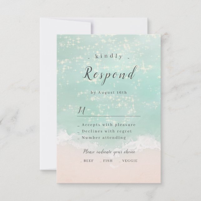 Elegant abstract sparkling ocean beach wedding RSVP card (Front)