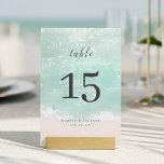 Elegant abstract sparkling ocean beach wedding table number<br><div class="desc">Romantic coastal themed wedding place card features beautiful turquoise abstract watercolor sparkling ocean wave and beach background,  toped with stylish script and elegant font names,  modern and simple,  great for sand beach wedding,  tropical destination wedding,  coastal ocean themed wedding. 
See all the matching pieces in collection.</div>