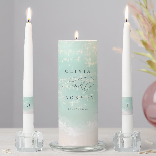 Elegant abstract sparkling ocean beach wedding unity candle set (In Situ)
